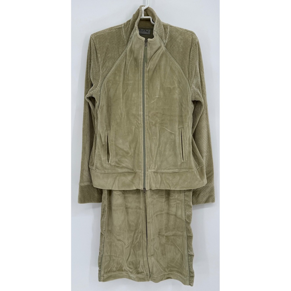 Coral Bay Women Sage Green Cotton Velour Tracksuit Zip Jacket Sz L Pants Sz M